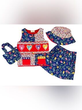 Girls 4/5 VTG 90s Style Floral Top & Pleated Skirt Handmade W Purse & Bucket Hat